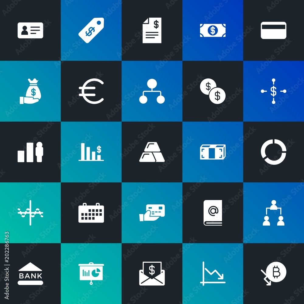 Modern Simple Set of business, money, charts Vector fill Icons. Contains such Icons as  market, financial, finance,  finance and more on dark and gradient background. Fully Editable. Pixel Perfect.