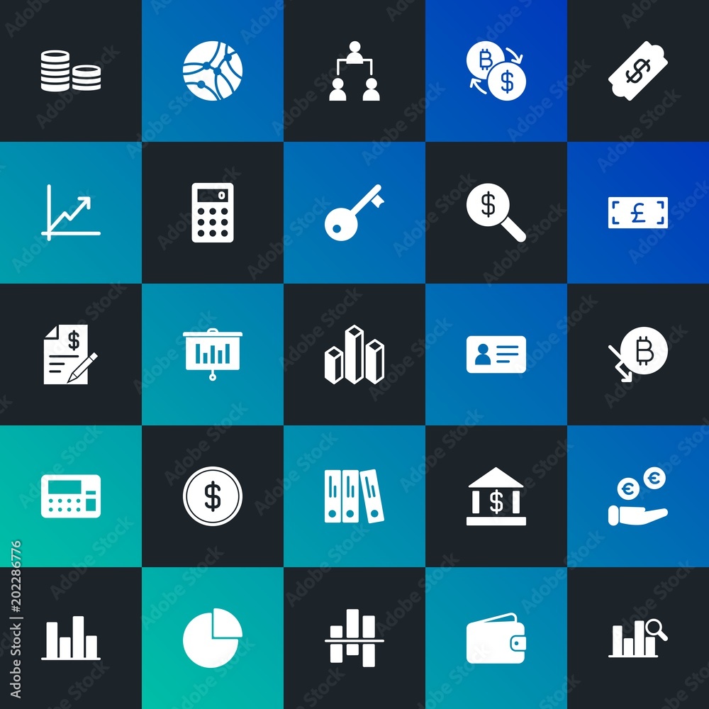 Modern Simple Set of business, money, charts Vector fill Icons. Contains such Icons as money,  structure,  office,  success and more on dark and gradient background. Fully Editable. Pixel Perfect.