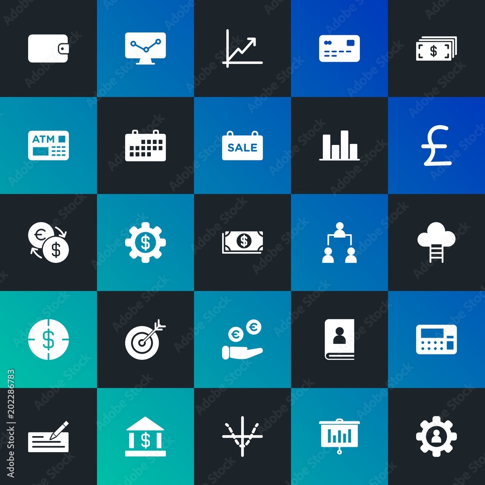 Modern Simple Set of business, money, charts Vector fill Icons. Contains such Icons as  bank,  graph, month,  report,  data and more on dark and gradient background. Fully Editable. Pixel Perfect.