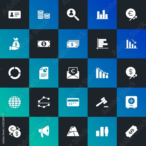 Modern Simple Set of business, money, charts Vector fill Icons. Contains such Icons as  hammer,  opportunity,  finance,  loud and more on dark and gradient background. Fully Editable. Pixel Perfect.