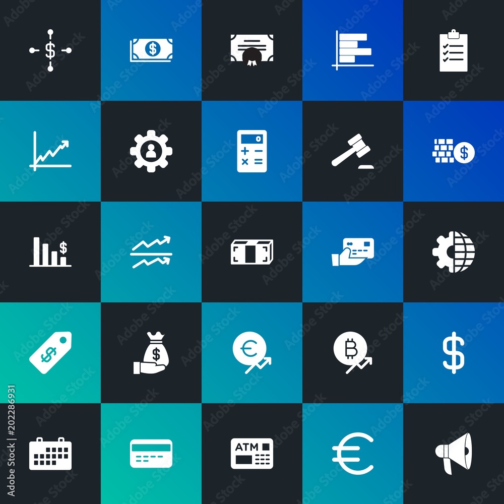 Modern Simple Set of business, money, charts Vector fill Icons. Contains such Icons as megaphone,  date, atm,  group,  team and more on dark and gradient background. Fully Editable. Pixel Perfect.
