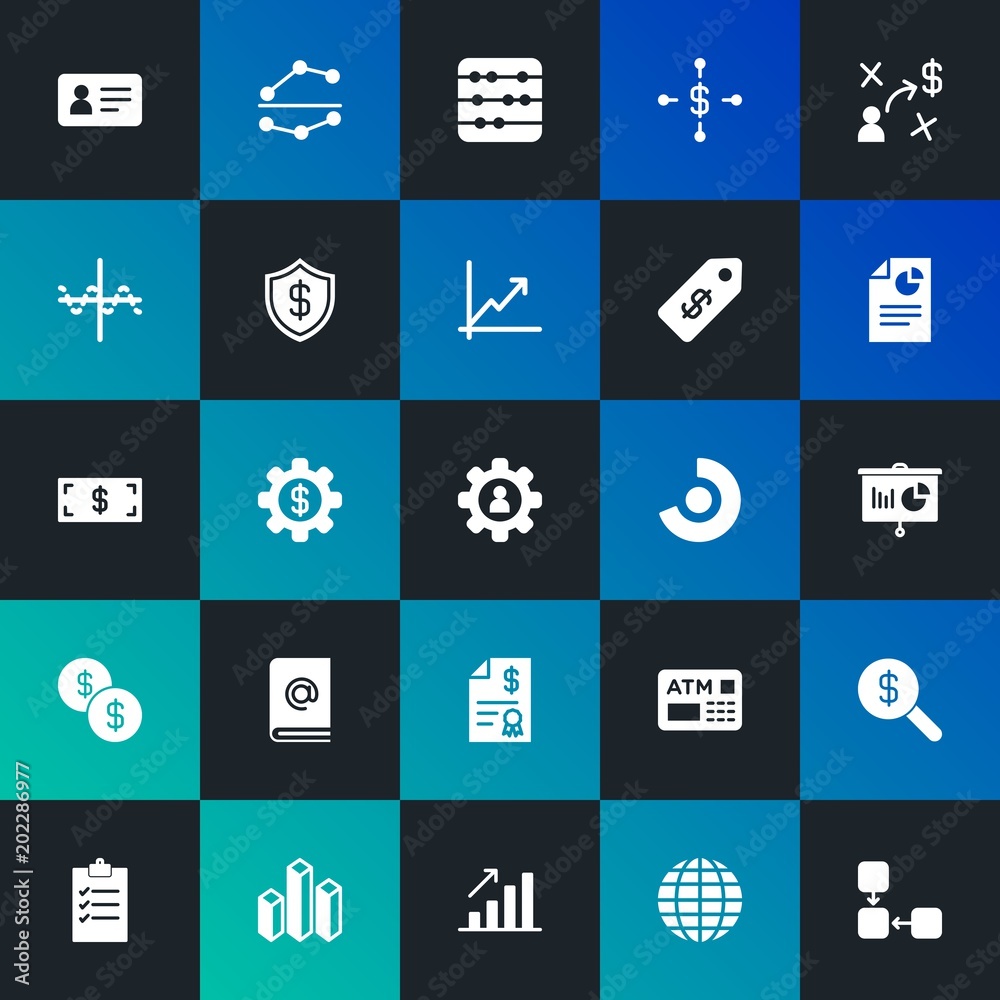 Modern Simple Set of business, money, charts Vector fill Icons. Contains such Icons as  id,  growth,  meeting,  3d, exposure,  and more on dark and gradient background. Fully Editable. Pixel Perfect.