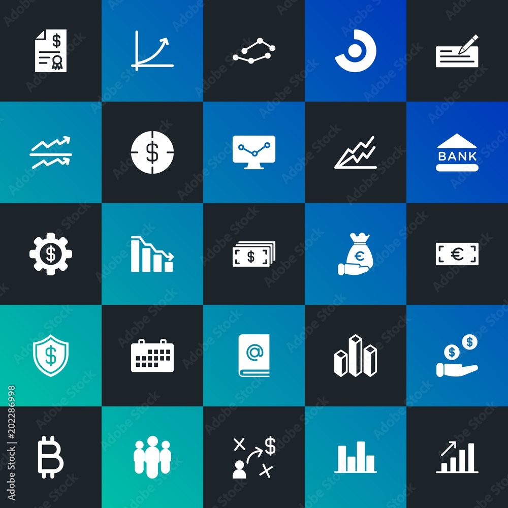 Modern Simple Set of business, money, charts Vector fill Icons. Contains such Icons as  graphic,  sign,  pay,  success,  chart and more on dark and gradient background. Fully Editable. Pixel Perfect.