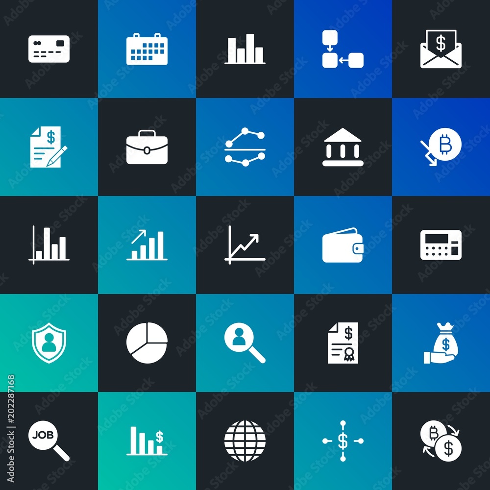 Modern Simple Set of business, money, charts Vector fill Icons. Contains such Icons as  job, , business, suitcase,  bill,  team and more on dark and gradient background. Fully Editable. Pixel Perfect.
