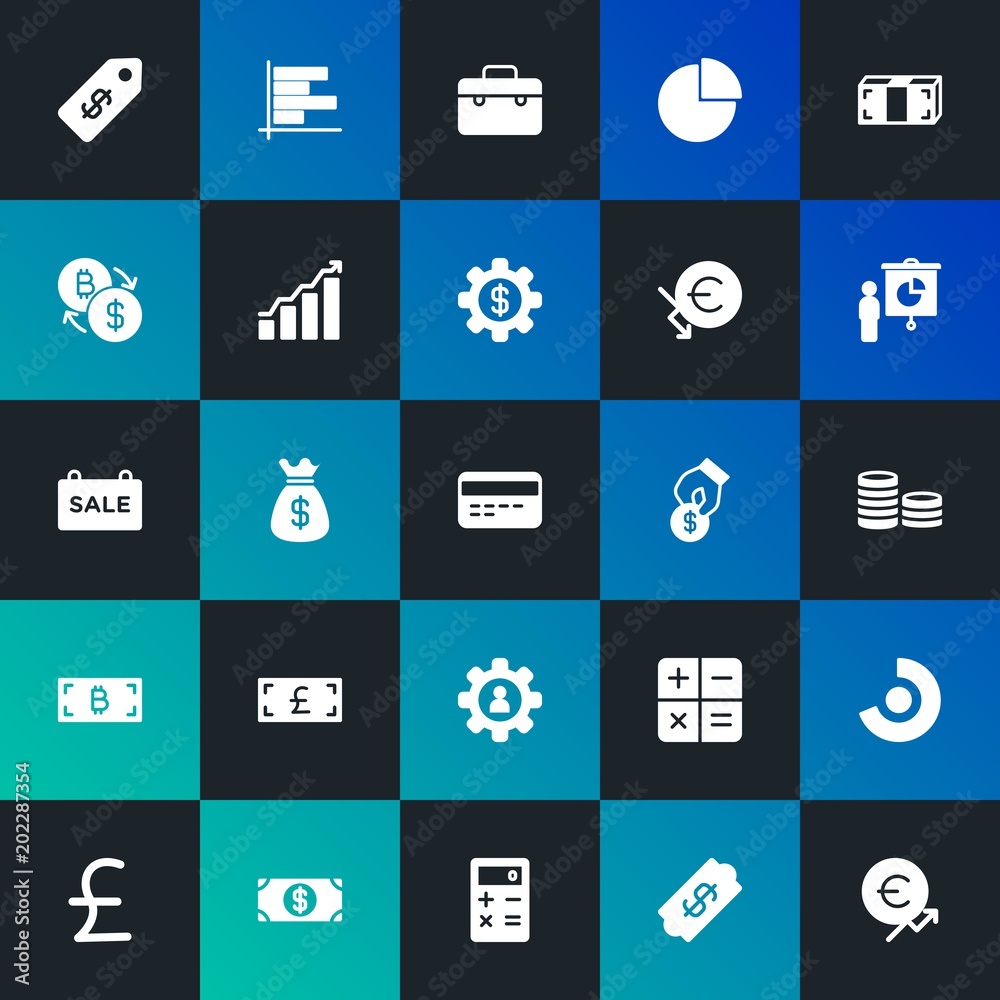 Modern Simple Set of business, money, charts Vector fill Icons. Contains such Icons as  communication,  graphic,  case,  market and more on dark and gradient background. Fully Editable. Pixel Perfect.