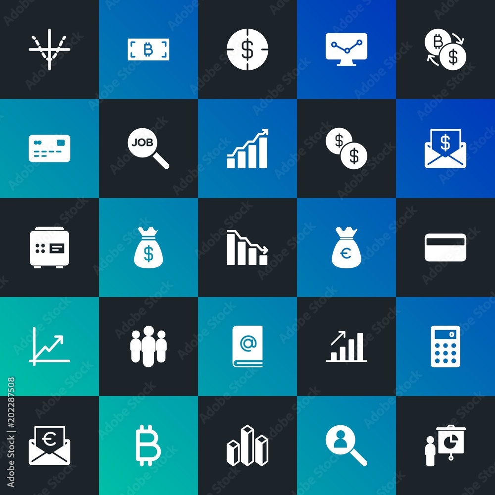 Modern Simple Set of business, money, charts Vector fill Icons. Contains such Icons as  card,  sign,  car,  euro,  business and more on dark and gradient background. Fully Editable. Pixel Perfect.