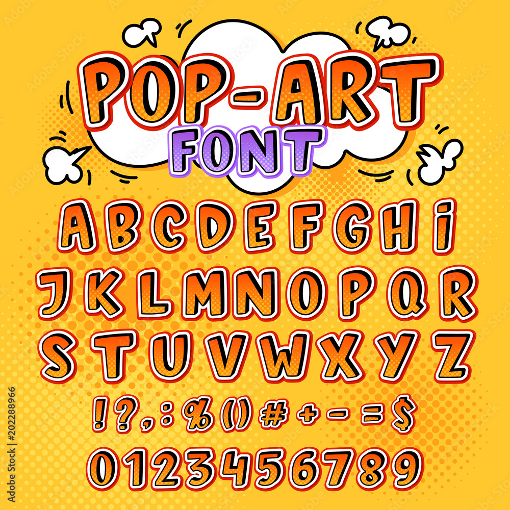 Comic font vector cartoon alphabet letters in pop art style and alphabetic  text icons for typography illustration alphabetically popart typeset of abc  and numbers background Stock Vector | Adobe Stock