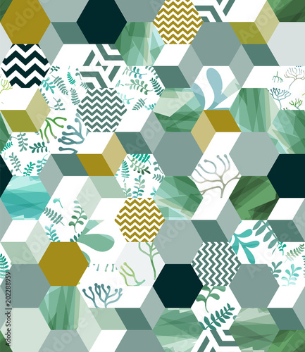Trendy seamless background pattern with hexagon tiles in green, eps10 