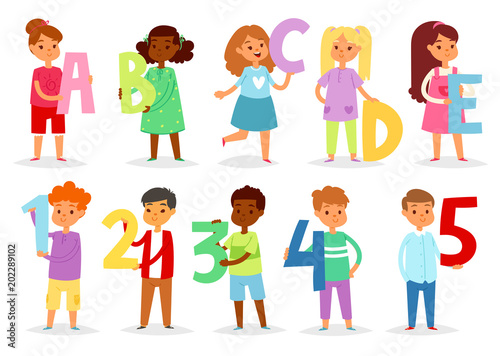Kids alphabet vector cartoon children font and boy or girl character holding alphabetic letter or number illustration alphabetically set of childish lettering abcde isolated on white background
