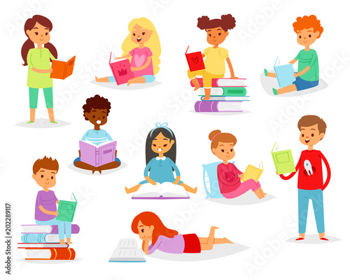 Kids reading books vector child character boy or girl read textbook with bookmark illustration set of educated children sitting in library isolated on white background