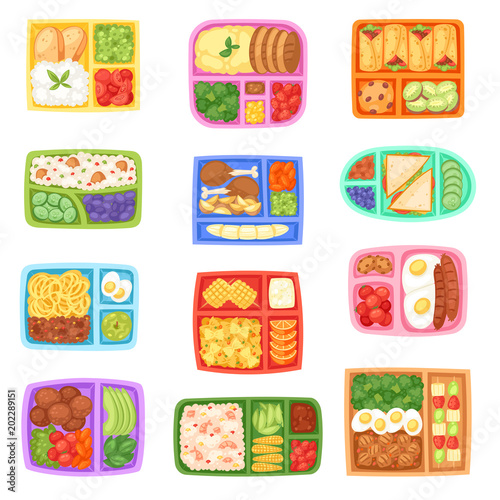 Lunch box vector school lunchbox with healthy food vegetables or fruits boxed in kids container illustration set of packed meal sausages or bread isolated on white background