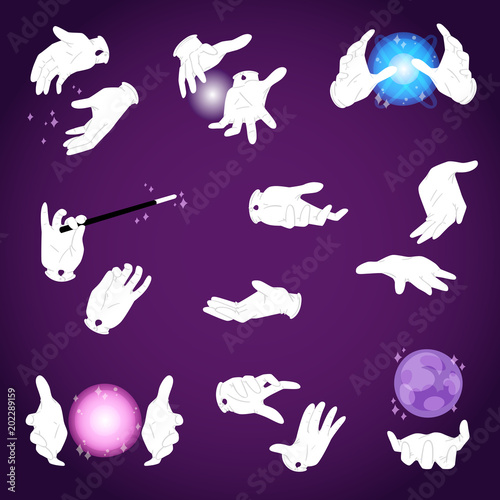 Magic hands vector magician or illusionist holding magical wand or glow ball illustration of cartoon character hands showing mystery performance isolated on background