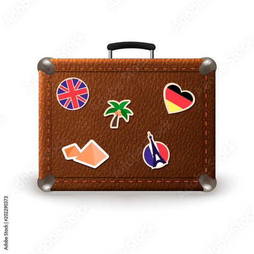 Vintage retro vector suitcase with travel stickers. Old leather luggage bag with stickers of France, Germany, Egypt, UK