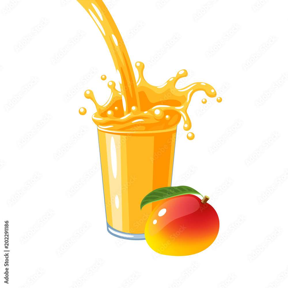 Colorful fruit design. Orange flow and splash in full glass of mango juice.  Milkshake, flavoured milk. Vector illustration cartoon flat icon isolated  on white. Stock Vector | Adobe Stock