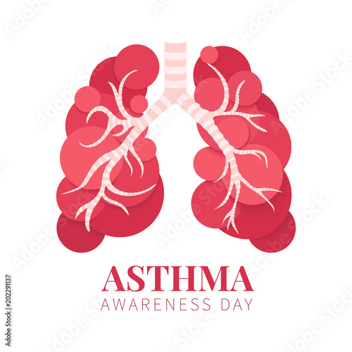 Asthma awareness day poster with lungs made of bubbles on white background. Bronchial disease symbol. Medical template for pulmonary clinics and centers. Vector illustration.