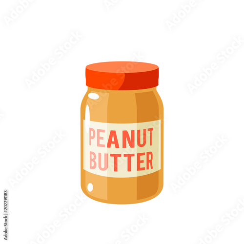 Breakfast, delicious start to the day. Peanut butter jar. Vector illustration cartoon flat icon isolated on white.