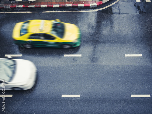 Street lane Taxi Cab car moving Urban city transportation top view