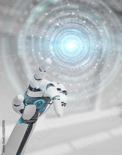 Obraz na płótnie White humanoid hand using digital global network 3D rendering