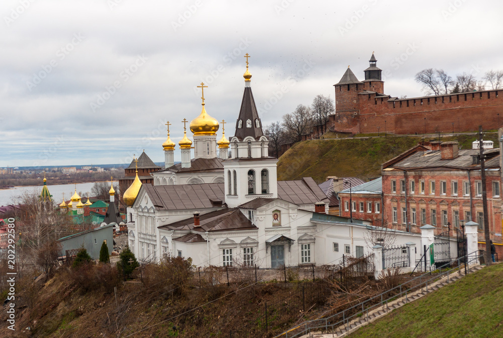 View to Church of St John the Baptist, grand Kremlin (1500–1511) and river Volga, Nizhny Novgorod, Russia