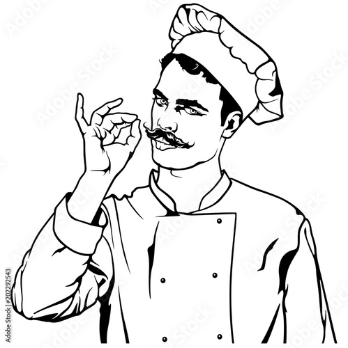 Chef Gesture Delicious - Black and White Sketch Illustration, Vector