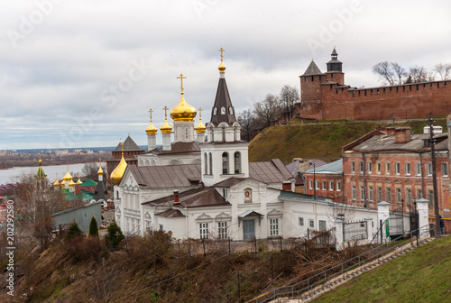 View to Church of St John the Baptist, grand Kremlin (1500–1511) and river Volga, Nizhny Novgorod, Russia