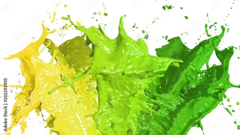Beautiful Color Paint Splashes in Slow Motion and Freeze Motion, Green Screen, Alpha Matte. Useful for Titles and Intro. 3d Animation Art Design Concept. 4k Ultra HD 3840x2160.