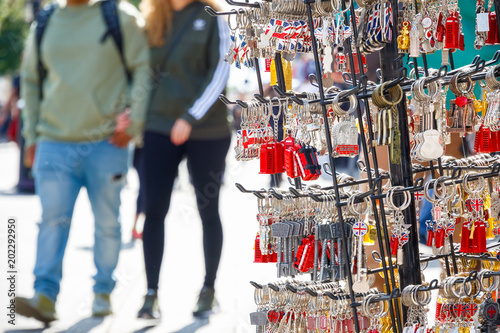 Selective focus, London keychain souvenirs on display at Camden market 