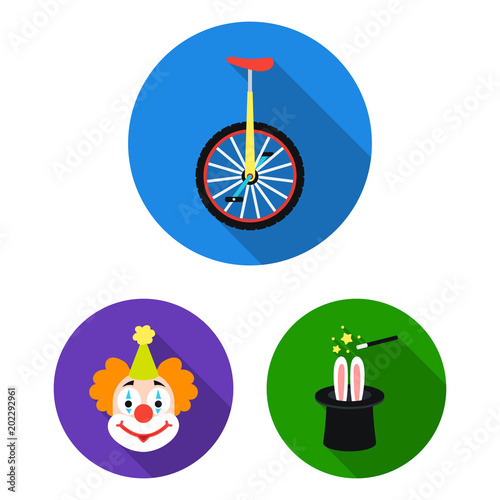 Circus and attributes flat icons in set collection for design. Circus Art vector symbol stock web illustration.