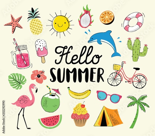 Summer hand drawn icons and elements set for summer holiday, travel, beach vacation, sun.