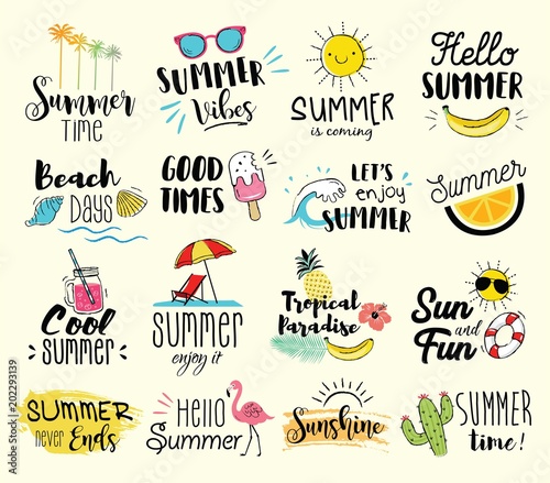 Summer labels, logos, hand drawn tags and elements set for summer holiday, travel, beach vacation, sun. Vector illustration. 