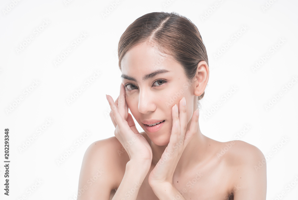 Young beautiful asia woman touching her face isolated on white background concept skincare cosmetic Young beautiful asia woman touching her face isolated on white background concept skincare cosmetic