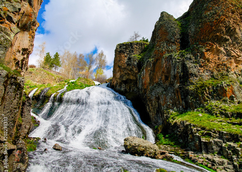 Panorama of Jermuk waterfall on Arpa river in Armenia