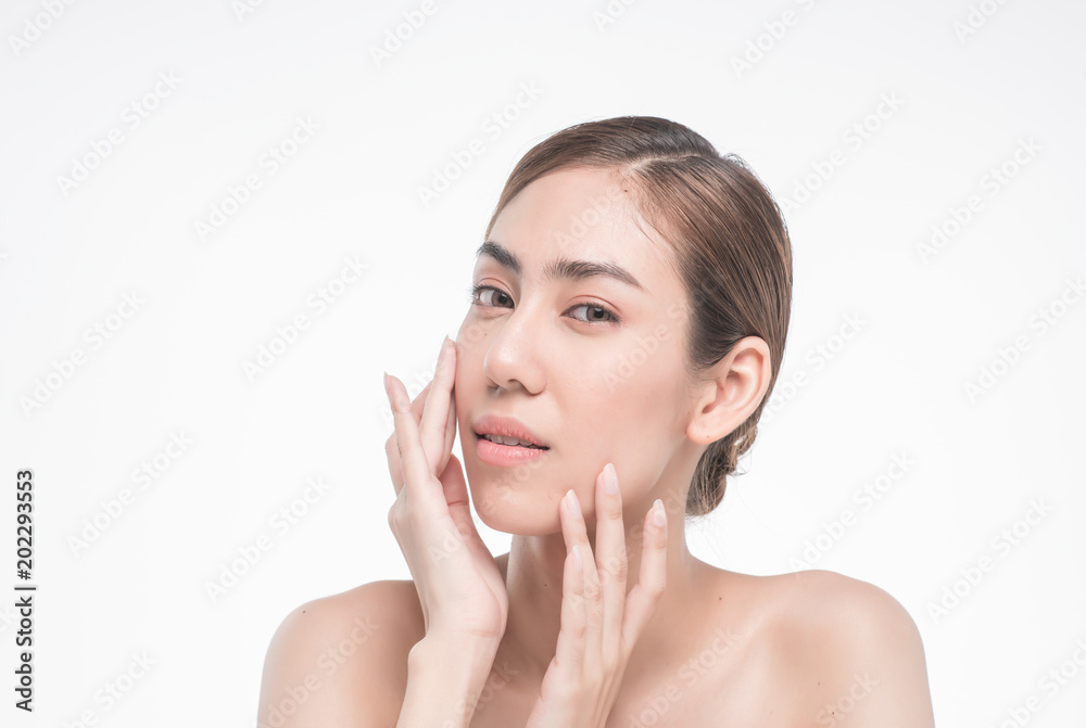 Young beautiful asia woman touching her face isolated on white background concept skincare cosmetic Young beautiful asia woman touching her face isolated on white background concept skincare cosmetic