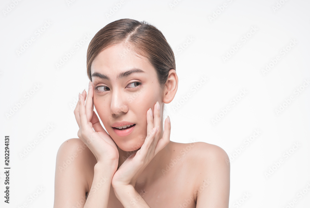Young beautiful asia woman touching her face isolated on white background concept skincare cosmetic Young beautiful asia woman touching her face isolated on white background concept skincare cosmetic