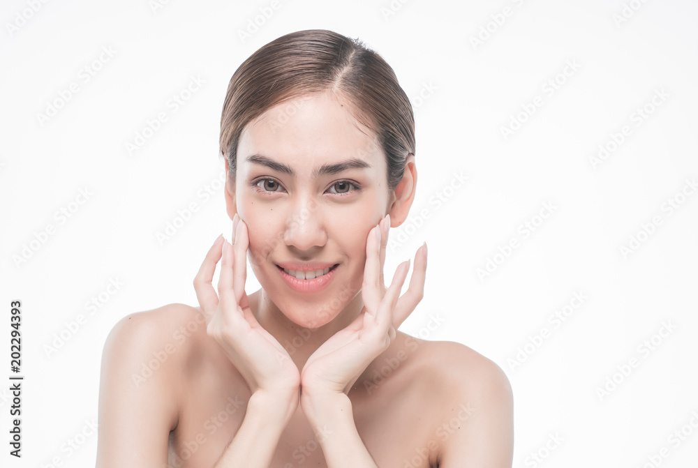 Young beautiful asia woman touching her face isolated on white background concept skincare cosmetic Young beautiful asia woman touching her face isolated on white background concept skincare cosmetic
