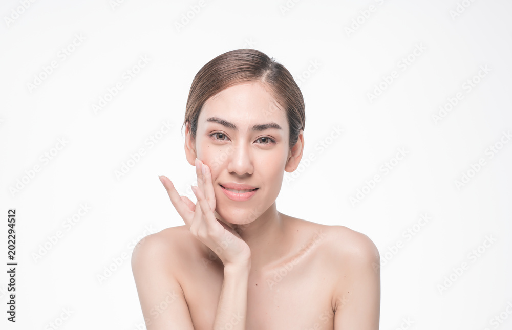 Young beautiful asia woman touching her face isolated on white background concept skincare cosmetic Young beautiful asia woman touching her face isolated on white background concept skincare cosmetic