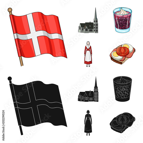 Flag, national, symbol, and other web icon in cartoon,black style.Denmark,history, tourism, icons in set collection.