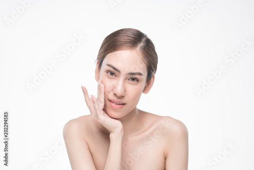 Young beautiful asia woman touching her face isolated on white background concept skincare cosmetic