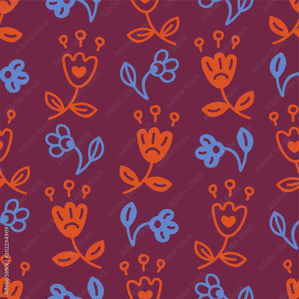 Seamless pattern with stylized flowers, berries and leaves.Good for fabrics design, backgrounds, wrapping paper, package, covers.