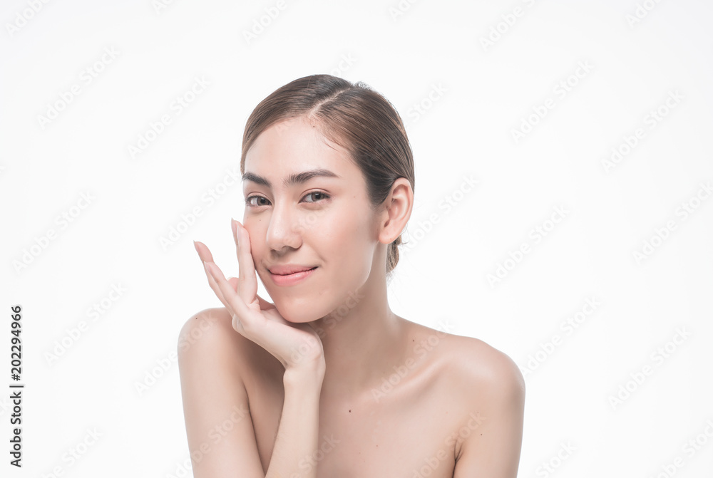 Young beautiful asia woman touching her face isolated on white background concept skincare cosmetic Young beautiful asia woman touching her face isolated on white background concept skincare cosmetic