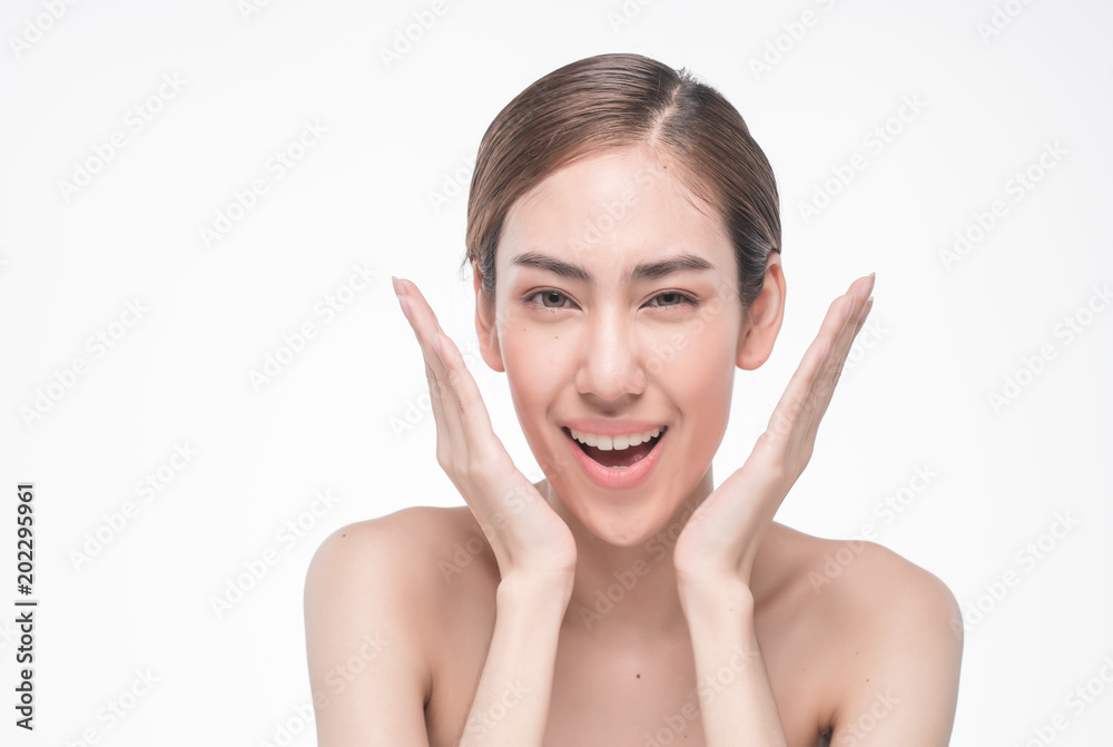 Young beautiful asia woman touching her face isolated on white background concept skincare cosmetic Young beautiful asia woman touching her face isolated on white background concept skincare cosmetic