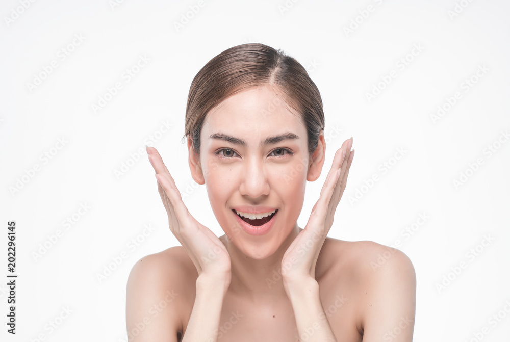 Young beautiful asia woman touching her face isolated on white background concept skincare cosmetic Young beautiful asia woman touching her face isolated on white background concept skincare cosmetic