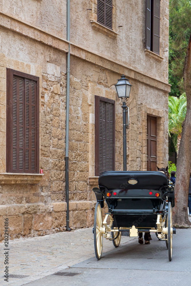 Touristic carriage traveling around the street in old city of Palma de Mallorca, Spain