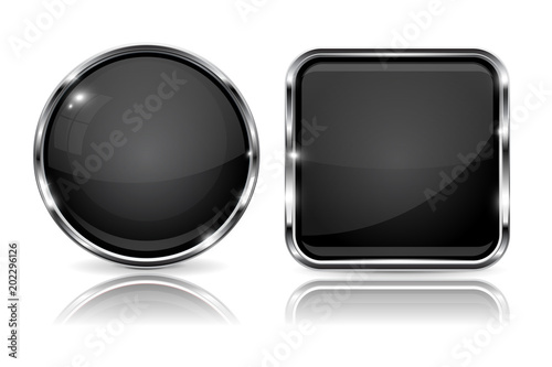 Black buttons with chrome frame. 3d round and square icons with reflection