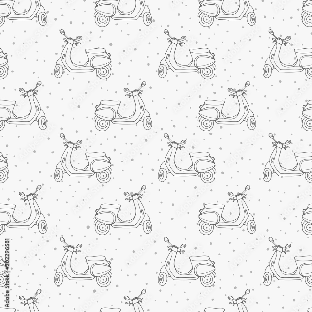 Hand drawn vector seamless pattern with retro scooters contours on the  polka dot background. Vintage design with objects from 1950s and 1960s.  Stock Vector | Adobe Stock