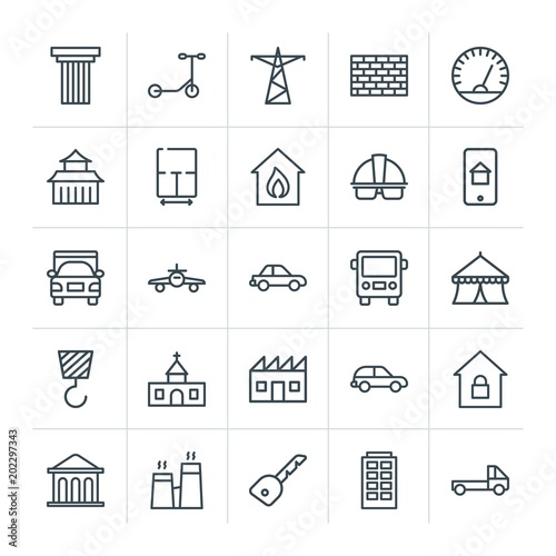 Modern Simple Set of transports, industry, buildings Vector outline Icons. Contains such Icons as car, wall, exterior, classical, house and more on white background. Fully Editable. Pixel Perfect