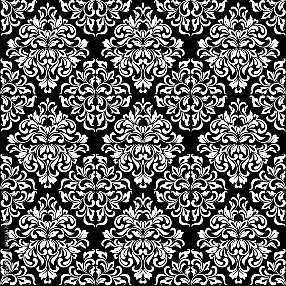 Luxurious seamless pattern. White ornate Damask ornament on a black background. Elegant tracery from swirls and foliage. Ideal for textile print and wallpapers. Luxurious seamless pattern. White ornate Damask ornament on a black background. Elegant tracery from swirls and foliage. Ideal for textile print and wallpapers.