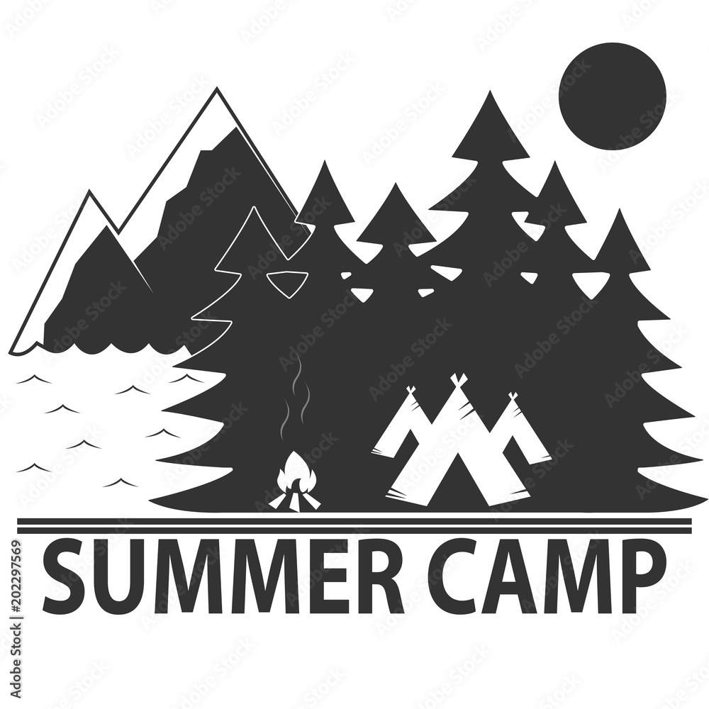 Summer camp. Vector illustration. Concept for shirt or logo, print, stamp or tee. Vintage typography design with canoe, camping tent and forest silhouette.