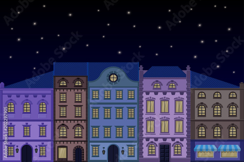 Houses. Old european city street with colored buildings at night. Flat style