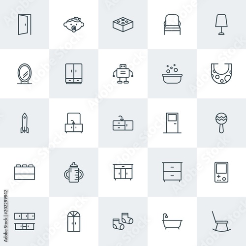 Modern Simple Set of furniture, kids and toys Vector outline Icons. Contains such Icons as  house,  clothes,  winter, baby,  home, chair and more on white background. Fully Editable. Pixel Perfect.